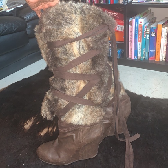 Aldo Faux Fur Knee High Wedge Boots - Picture 2 of 6